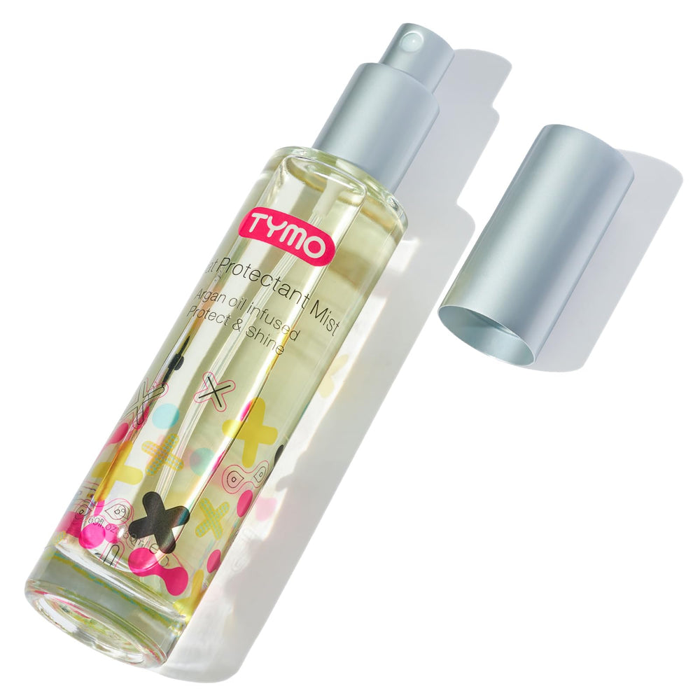TYMO heat protectant spray bottle front demonstrates lightweight heat protection