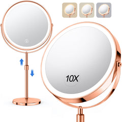 UBYMET 10X large lighted makeup mirror rose-gold front view for precise makeup application