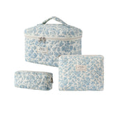 uekeboag 3pcs large travel-quilted makeup bags in light blue ideal for organized cosmetics on trips.