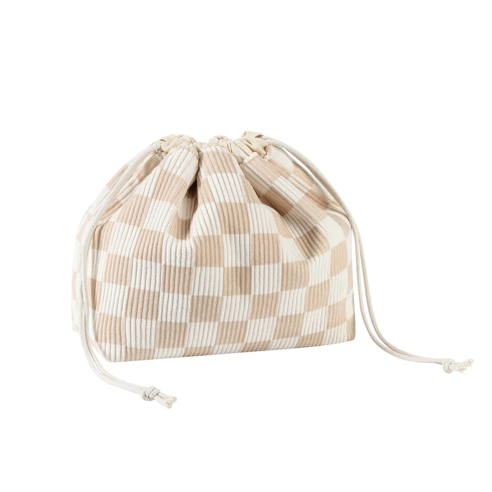 uekeboag cotton quilted drawstring makeup bag beige checker front view for travel organization