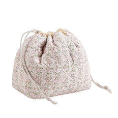 Uekeboag cotton quilted drawstring makeup bag in pink close-up shows soft fabric for daily use.