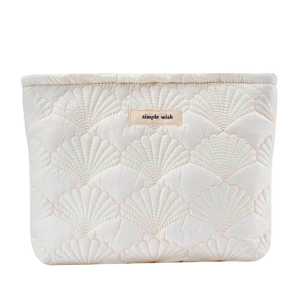 uekeboag white quilted makeup pouch close-up showing soft cotton texture and durable stitching
