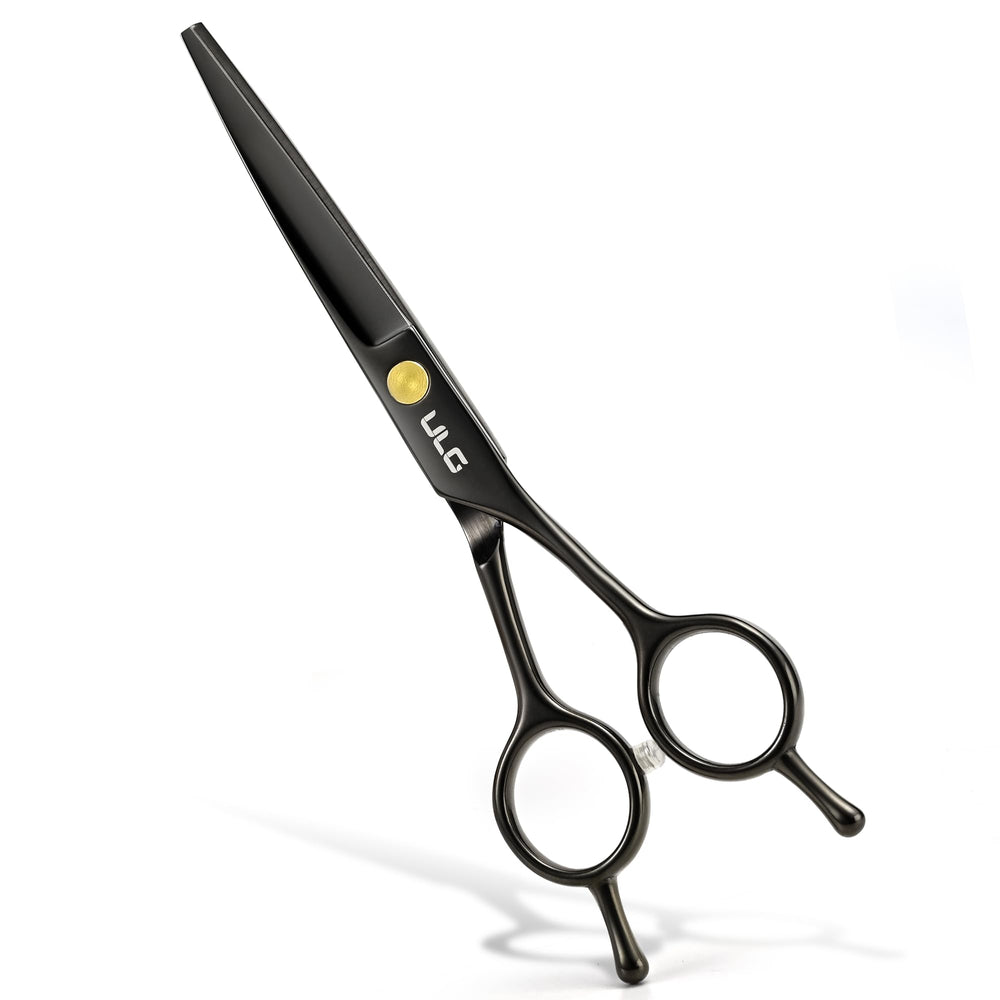 ULG professional hair cutting scissors close-up of ultra sharp blades with glossy black finish for precise cuts.