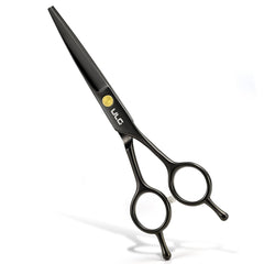 ULG professional hair cutting scissors close-up of ultra sharp blades with glossy black finish for precise cuts.