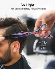 ULG 6.5-inch rainbow finish scissors add style and sharp cuts.