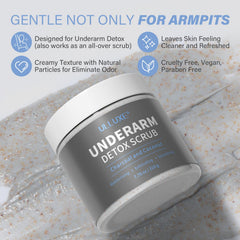ulluxe Charcoal Underarm Scrub jar closeup with creamy texture for gentle exfoliation.