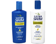 UltraSwim Dynamic Duo Shampoo bottle shows chlorine-removal action for healthier swimmer hair.