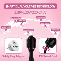 Umeely dual-voltage hair-dryer-brush oval-barrel demonstrates volumizing blowouts.