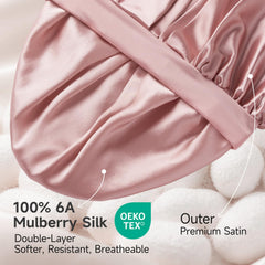 UmiSleep 22momme silk bonnet pink closeup shows silky texture and gentle care for hair.