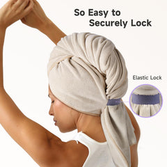 Umisleep microfiber hair towel camel with elastic band keeps hair in place.