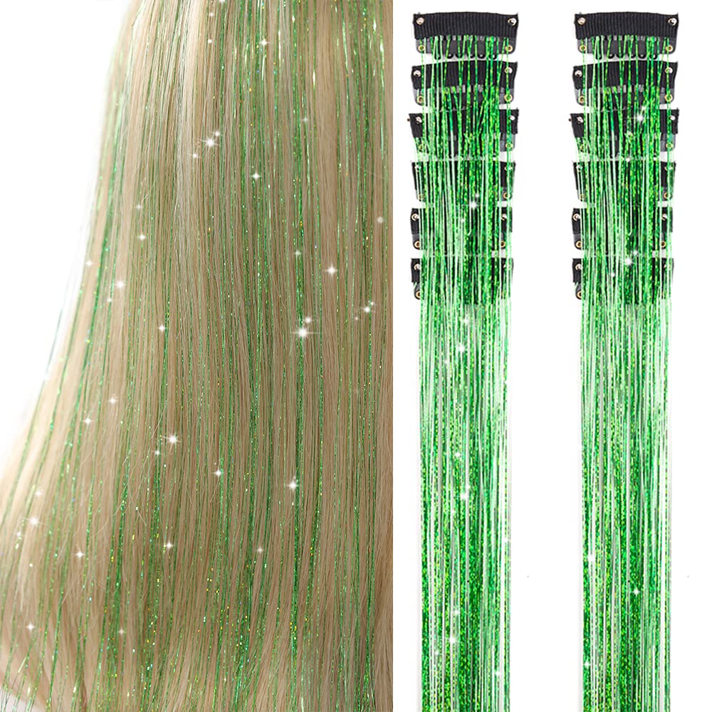 Umylar hair tinsel pack 12 clips, 20-inch green glitter for festival looks