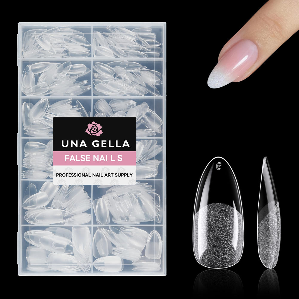 UNA GELLA almond nail tips packaging shows 504-piece set for at-home extensions