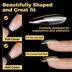 UNA GELLA 600 pcs almond tips full set highlights abundance for multiple DIY nail looks.