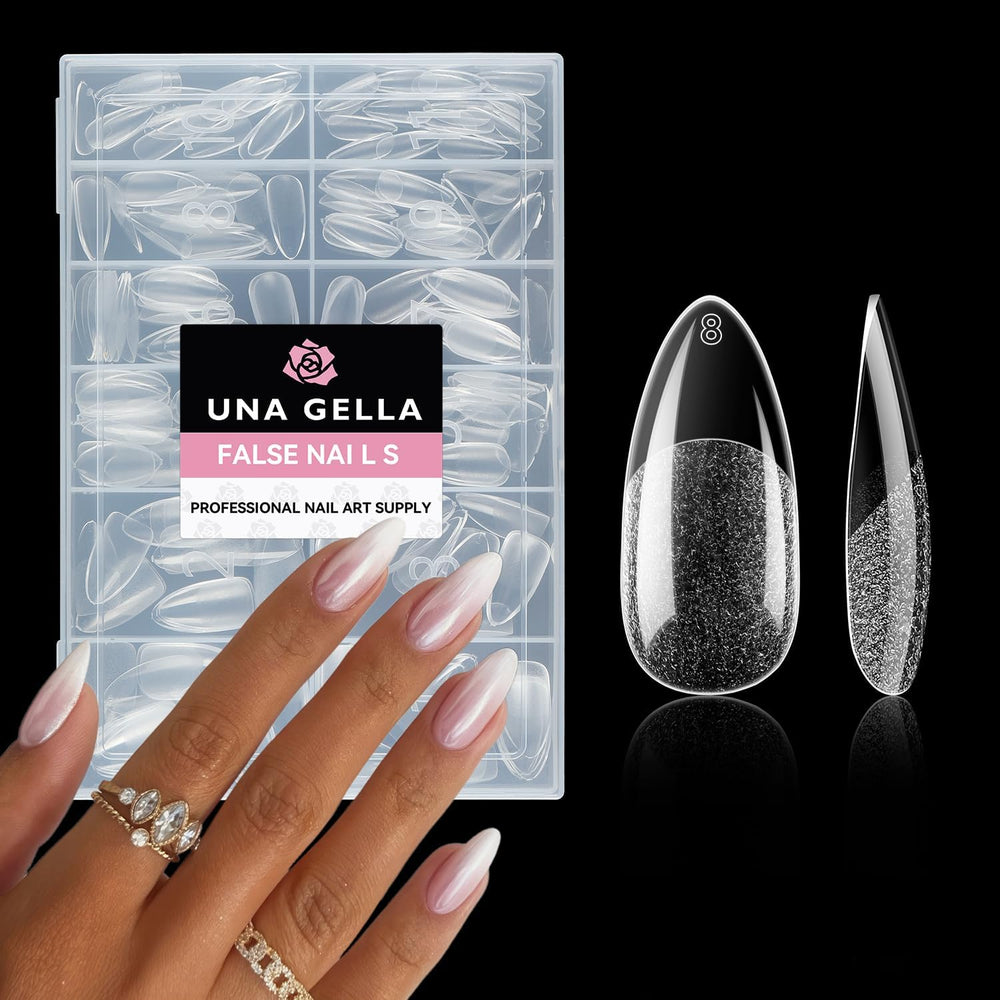UNA GELLA Almond Nail Tips clear cover swatch for natural extension.