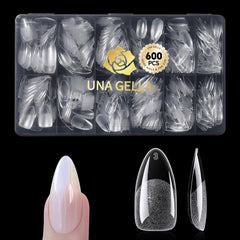UNA GELLA almond nails pack front view shows full cover tips for natural-looking extensions.