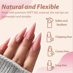 UNA GELLA clear stiletto tips demonstrate seamless, natural-looking nail extensions.