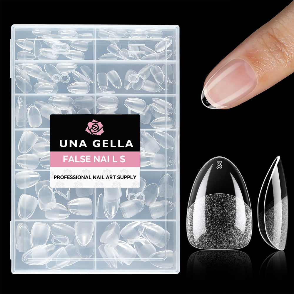 UNA GELLA extra short almond nail tips full cover pack for easy DIY manicures.