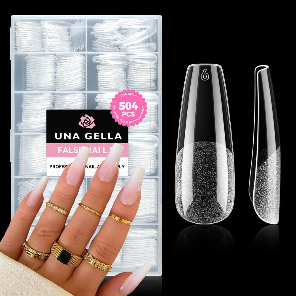 UNA GELLA long coffin nail tips packaging shows 504 pieces for at-home extensions.