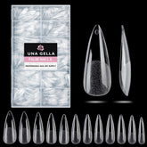 UNA GELLA long stiletto nails box shows a 504-piece set for salon-grade extensions.