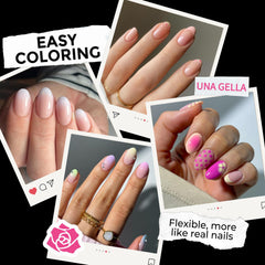 UNA GELLA Short Almond Round tips on nail bed demonstrate secure press-on fit