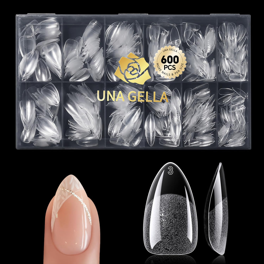 UNA GELLA short gel almond nail tips box close-up for easy DIY extensions.
