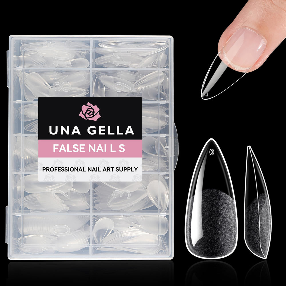 UNA GELLA stiletto clear tips close-up for a long-lasting home manicure.