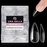 UNA GELLA stiletto clear tips close-up for a long-lasting home manicure.