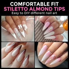 UNA GELLA stiletto press-on tips close-up showing clear coverage and easy edge for precise fit