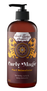 Uncle Funky's Daughter Curly Magic Stimulator bottle promotes moisture retention for defined curls