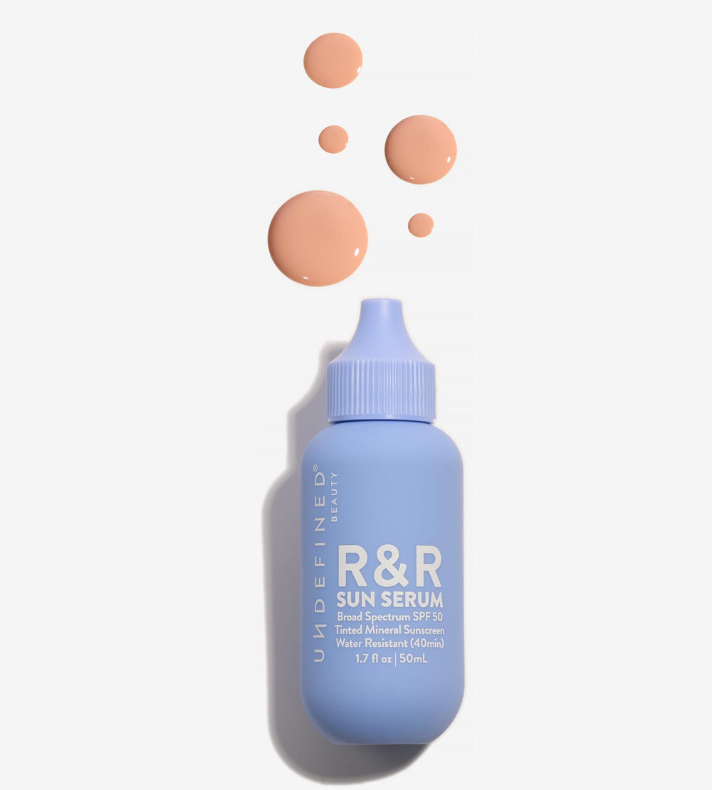 Undefined Beauty R&R Sun Serum Light Tint bottle ready for daily mineral SPF protection.