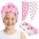 Unicorn Castle microfiber hair towel 2-pack in pink strawberry design for kids' bath time.