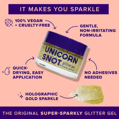 Unicorn Snot glitter gel on hand demonstrates easy-to-remove, long-lasting festival sparkle.
