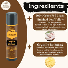 Untamed Organics Pure Tallow Lip Balm ingredients closeup shows two-ingredient formula.