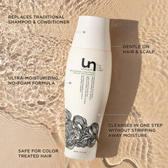 Unwash Bio-Cleansing Conditioner applied to hands for 2-in-1 use