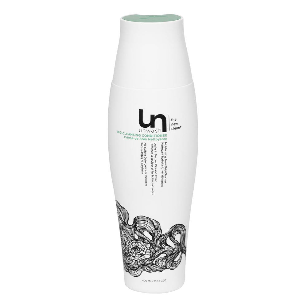 Unwash Bio-Cleansing Conditioner bottle closeup for curly, dry hair care