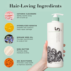Unwash conditioner in hand shows detangler-ready hydration for dry, curly hair.