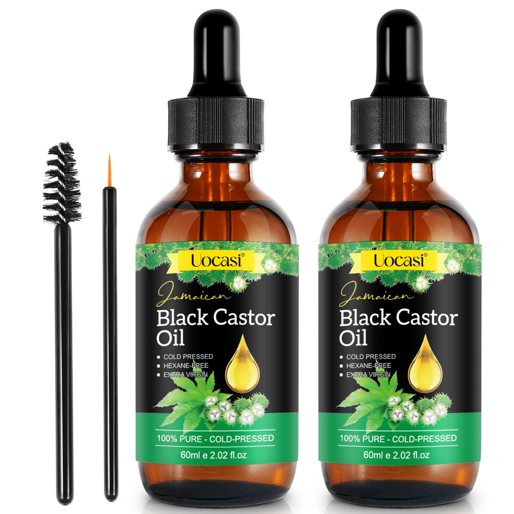 Uocasi Jamaican Black Castor Oil 2-pack bottles in glass for purity and easy use.