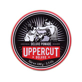 Uppercut Deluxe hair pomade tin front view for confident, long-lasting hold.