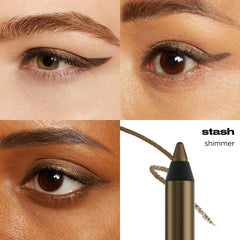 Urban Decay 24/7 Glide-On stash-swirl swatch highlights olive shimmer and pigment payoff.