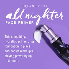 Urban Decay All Nighter primer bottle detail demonstrates sheer coverage and lightweight feel.