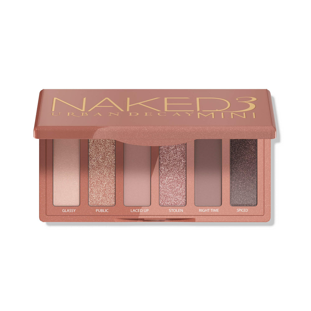 Urban Decay Naked3 Mini palette swatches in rosy neutrals for day-to-night looks.