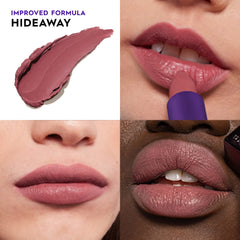 Urban Decay Vice Hydrating Lipstick Hideaway tube close-up highlights creamy formula and nourishing feel.