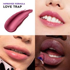 Urban Decay Vice Hydrating Lipstick Love Trap swatch shows a sheer deep plum with shine.