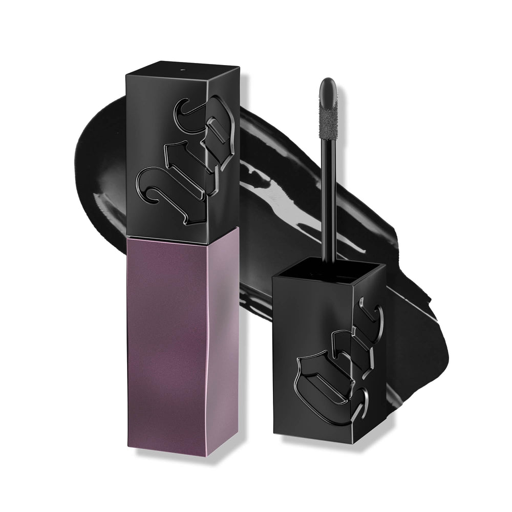 Urban Decay Vice Lip Bond Indie Sleaze close-up shows glossy, long-wearing black shade