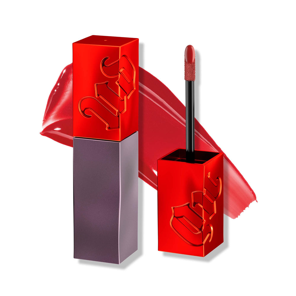 Urban Decay Vice Lip Bond Unbreakable red swatch shows long-wear shine
