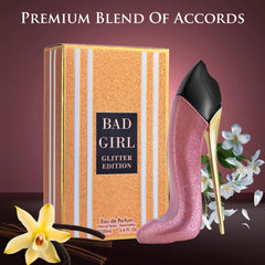 Urban Collection Bad Girl Glitter Edition base notes blend vanilla, cacao, cashmere warmth.