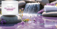 UREA LABS urea cream 10 percent label closeup: shows informative ingredients for calm, hydrated skin.