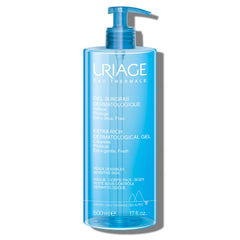 Uriage Extra-Rich Dermatological Gel bottle close-up for gentle cleanse.