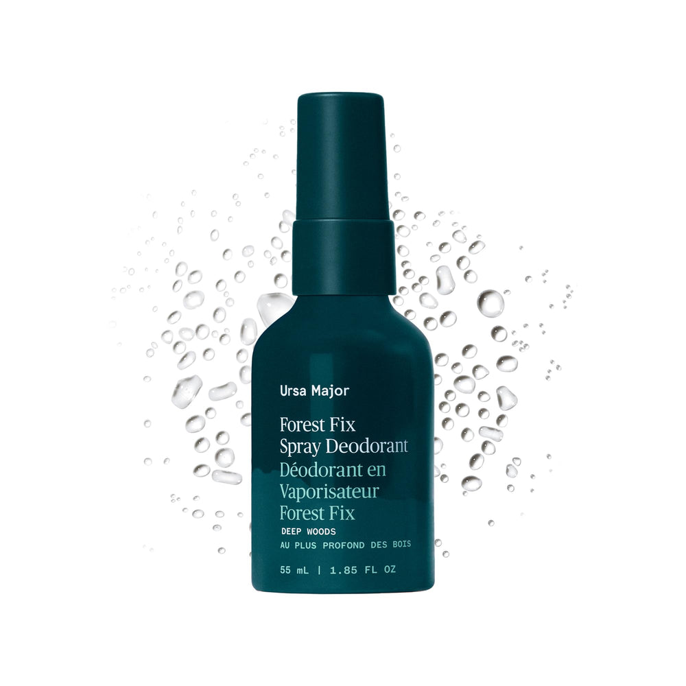 Ursa Major Forest Fix spray deodorant bottle, aluminum-free formula for all-day freshness.