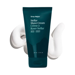 Ursa Major natural shave cream bottle highlights vegan, fragrance-free formula for comfortable, irritation-free shaves.